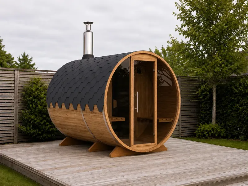 Barrel sauna with glass front