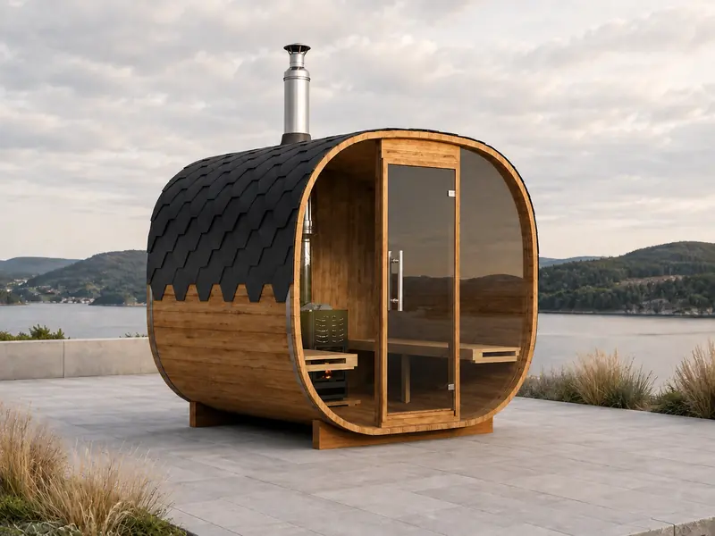 Cube sauna on a fjordside terrace